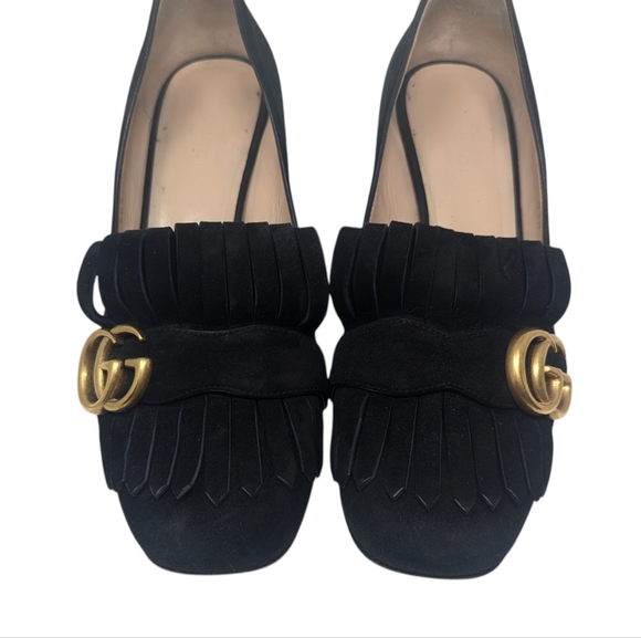 Gucci Marmont Black Suede Fringe GG Block Heel Loafers Size EU 37.5 - Picture 2 of 13